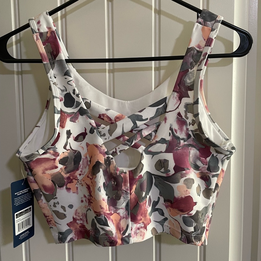 NWT! Marika Gia Long Sports Bra FESTIVAL FUCHSIA WATERCOLOR FLORAL Women’s Sz M